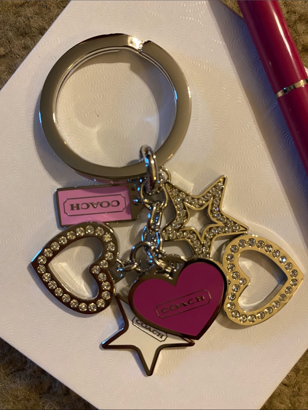 Coach Pink Heart & Star Charm Key Ring with Crystal Accents with Coach Pen - Picture 2 of 2